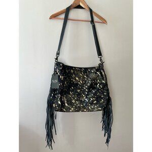 Myra Bag Large Black Shimmer Cowhide Leather Bag Upcycled Purse Zip Fringes